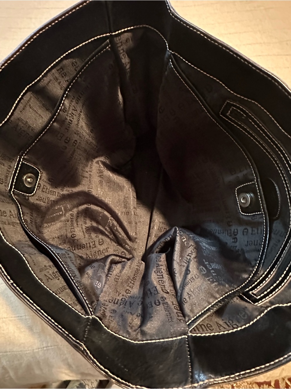 Etienne Aigner Black Leather Tote with Contrast Stitching - Picture 8 of 13
